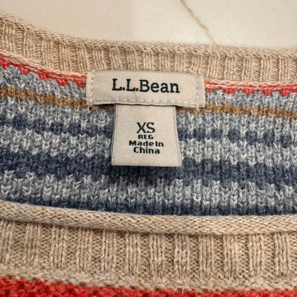 L.L. Bean Striped Crewneck Sweater in Blue, Tan, Cream & Coral